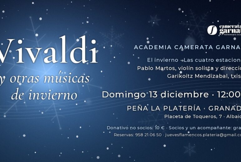 Cartel del concierto Vivaldi y otras músicas de invierno de la Academia Camerata Garnati, domingo 13 de diciembre, 12:00 h, Peña La Platería, Granada